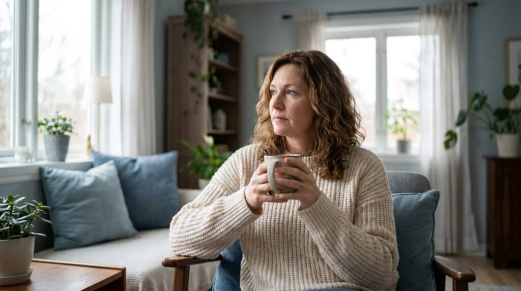 Une femme pensive tenant une tasse de thé assise près d'une fenêtre dans un salon lumineux.