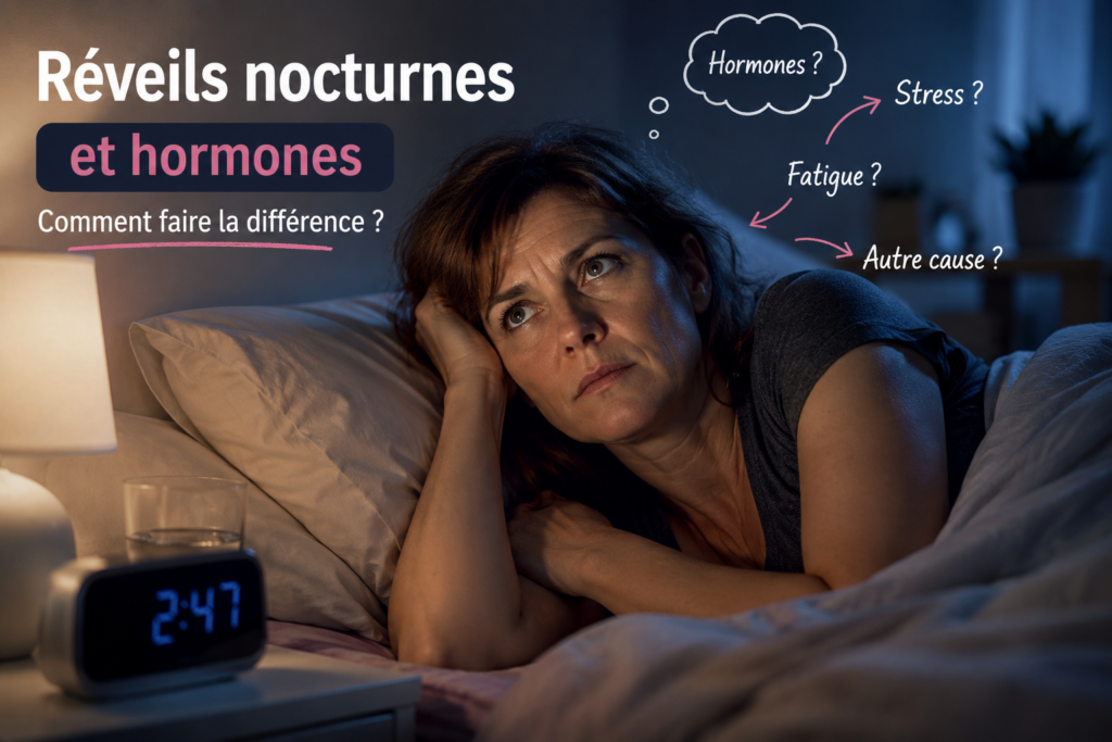 Femme de 40 ans réveillée dans son lit à 2h47, cherchant à comprendre si ses réveils nocturnes sont liés aux hormones, au stress ou à une autre cause.