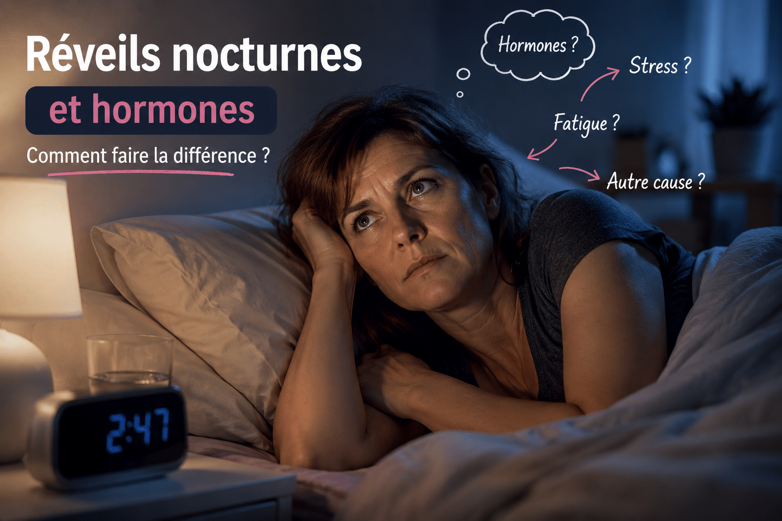 Femme de 40 ans réveillée dans son lit à 2h47, cherchant à comprendre si ses réveils nocturnes sont liés aux hormones, au stress ou à une autre cause.