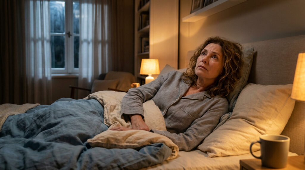 Une femme d'âge mûr éveillée et pensive dans son lit, éclairée par une lumière tamisée dans une chambre sombre.