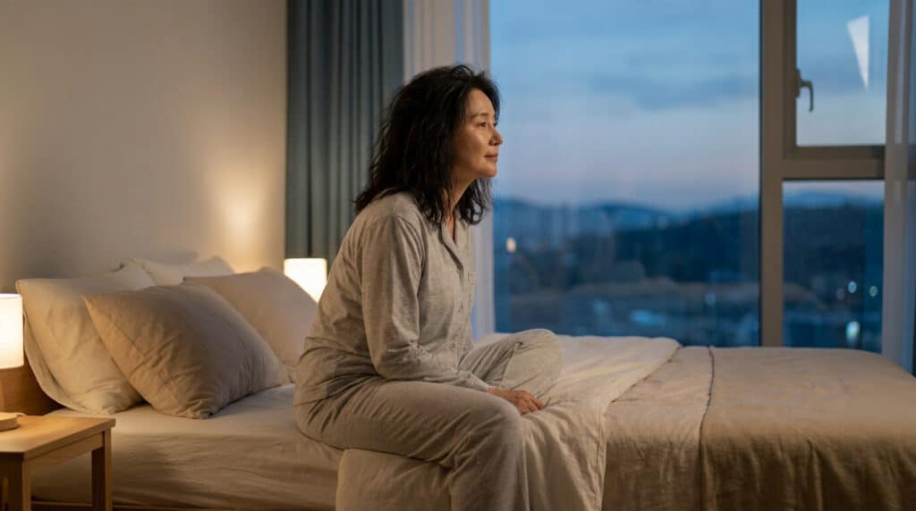Une femme mature assise sur son lit, éveillée, regardant par la fenêtre à l'aube.