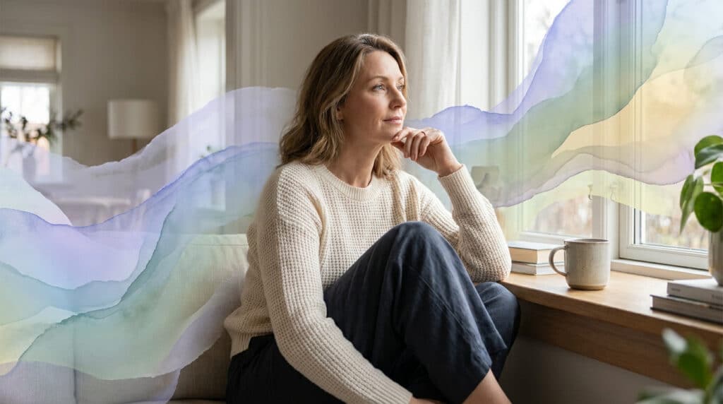 Femme pensive assise près d'une fenêtre, entourée d'un effet visuel aquarelle doux et coloré.