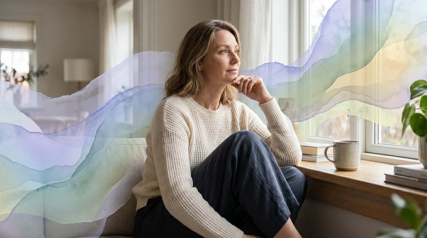 Femme pensive assise près d'une fenêtre, entourée d'un effet visuel aquarelle doux et coloré.
