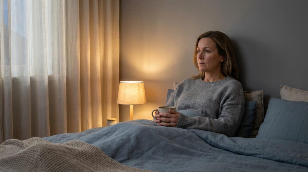 Une femme assise dans son lit la nuit, l'air préoccupé, tenant une tasse, éclairée par une lampe de chevet tamisée.