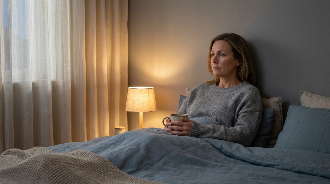 Une femme assise dans son lit la nuit, l'air préoccupé, tenant une tasse, éclairée par une lampe de chevet tamisée.