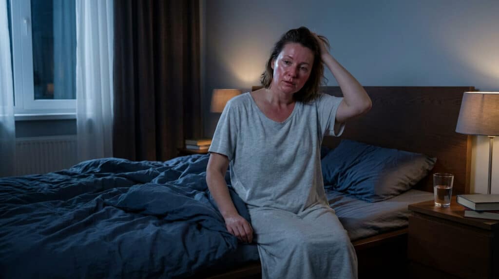 Une femme assise au bord de son lit la nuit, le visage rougi et l'air fatigué, souffrant d'une bouffée de chaleur.