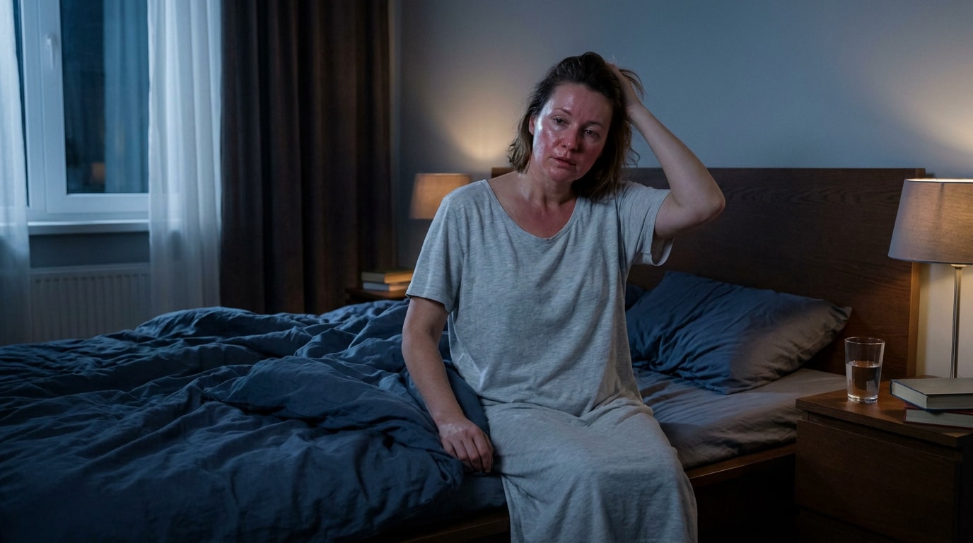 Une femme assise au bord de son lit la nuit, le visage rougi et l'air fatigué, souffrant d'une bouffée de chaleur.
