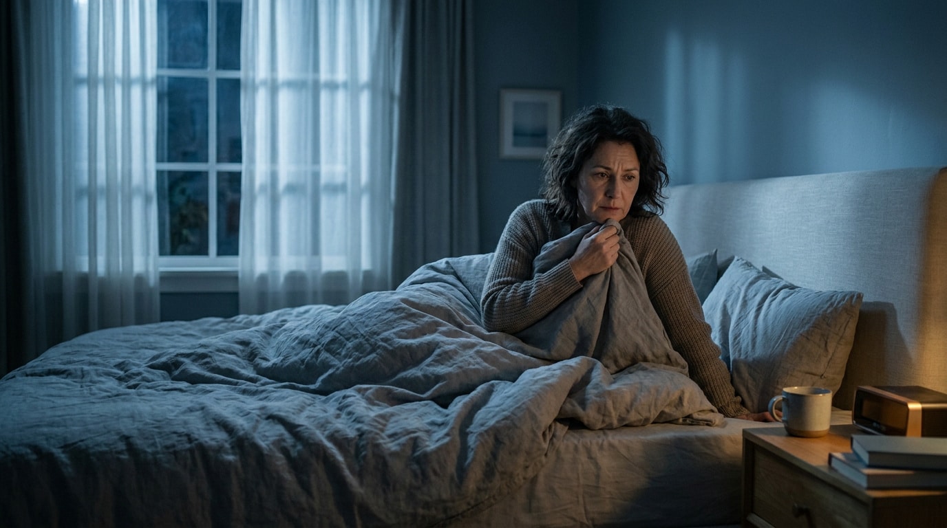 Une femme d'âge mûr, visiblement préoccupée, assise dans son lit en pleine nuit, enveloppée dans une couverture.