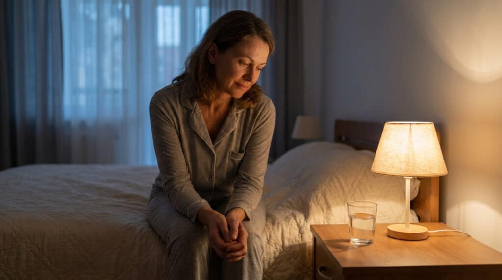 Une femme assise sur son lit au milieu de la nuit, semblant préoccupée ou fatiguée dans une chambre faiblement éclairée.