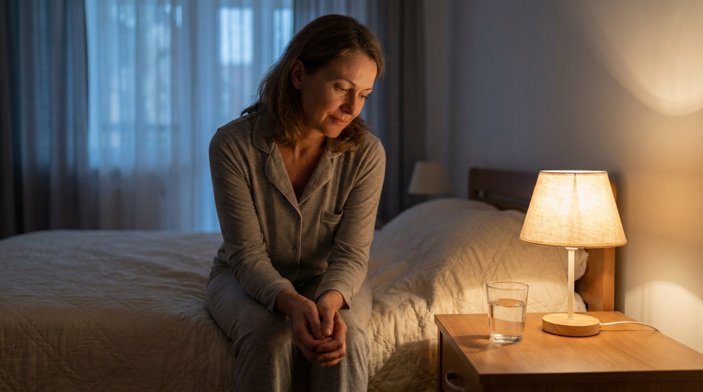 Une femme assise sur son lit au milieu de la nuit, semblant préoccupée ou fatiguée dans une chambre faiblement éclairée.