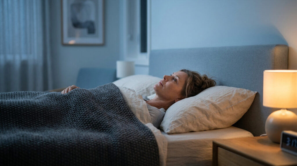 Une femme allongée dans son lit, éveillée au milieu de la nuit, avec une lampe de chevet allumée.