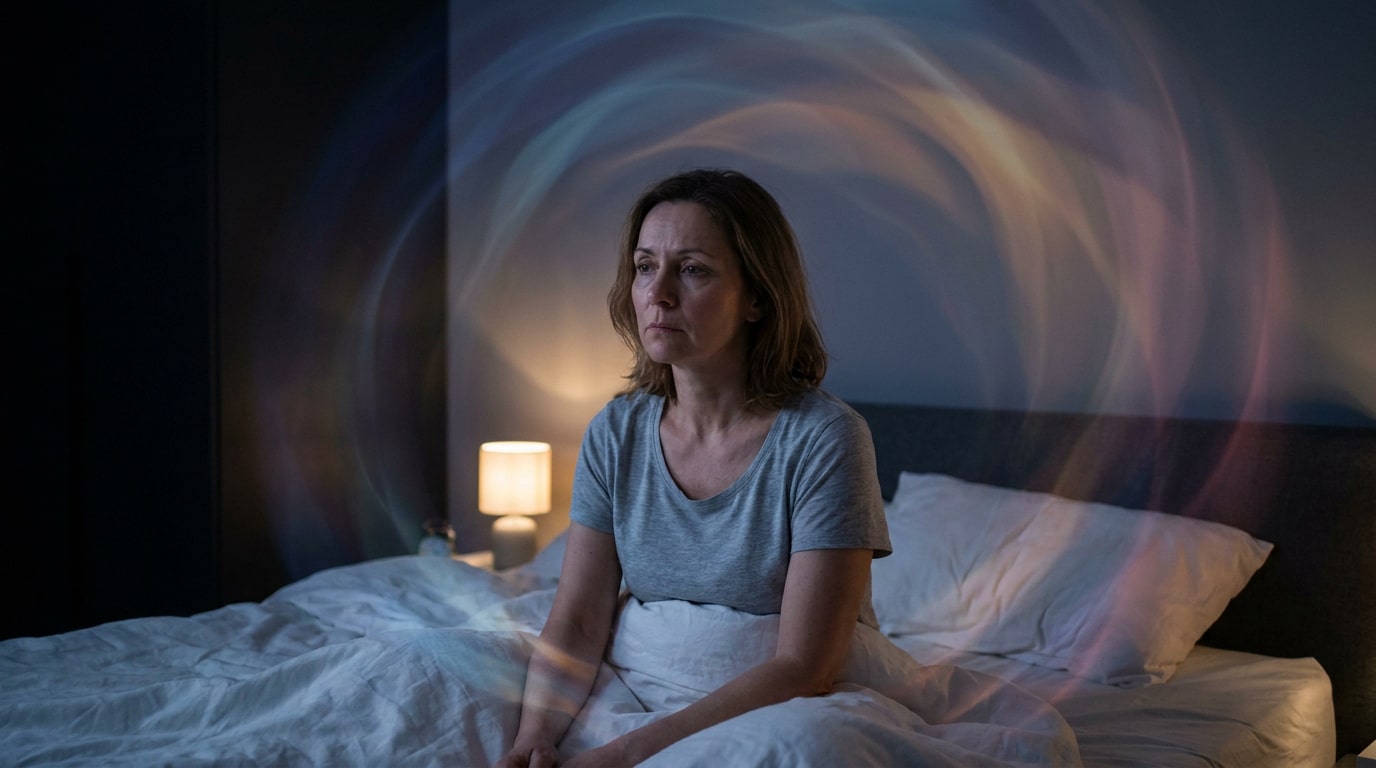 Une femme assise dans son lit la nuit, l'air épuisé, entourée d'une aura lumineuse tourbillonnante.