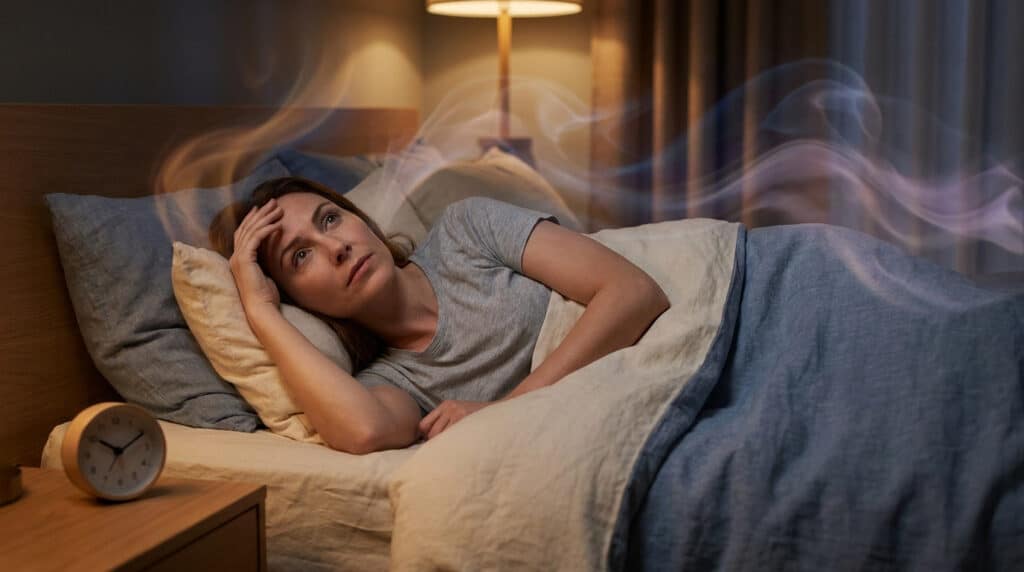 Une femme allongée dans son lit, éveillée, avec des volutes de fumée symbolisant des bouffées de chaleur nocturnes.