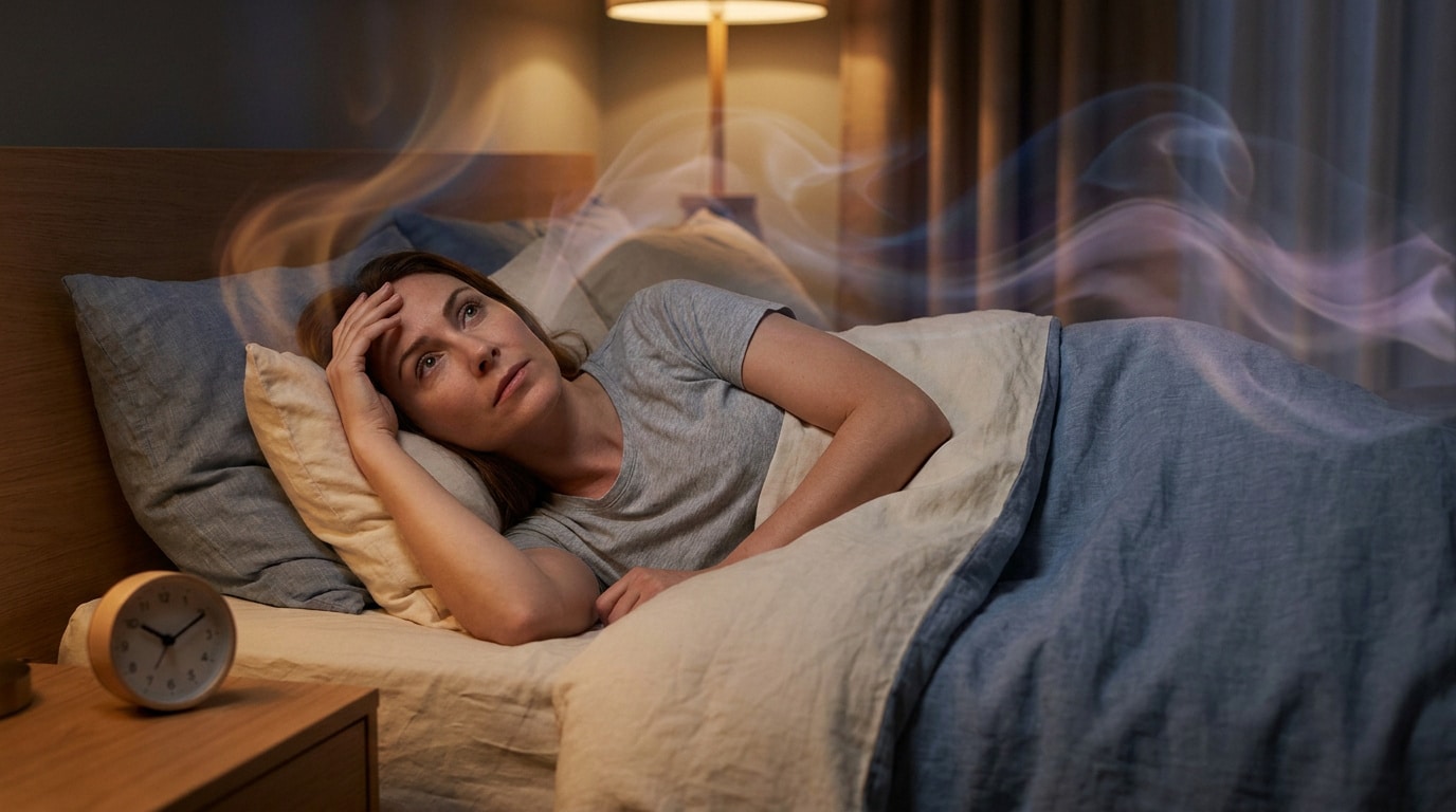 Une femme allongée dans son lit, éveillée, avec des volutes de fumée symbolisant des bouffées de chaleur nocturnes.