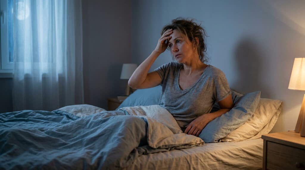 Une femme d'une quarantaine d'années assise dans son lit la nuit, l'air fatigué, tenant sa tête en proie à l'insomnie.