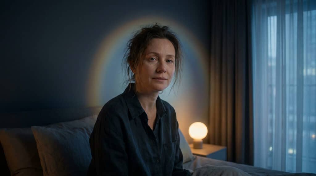 Une femme fatiguée assise sur son lit dans une chambre sombre, le regard fixe et mélancolique.