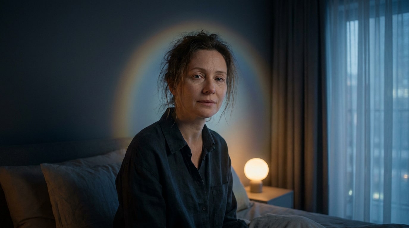 Une femme fatiguée assise sur son lit dans une chambre sombre, le regard fixe et mélancolique.