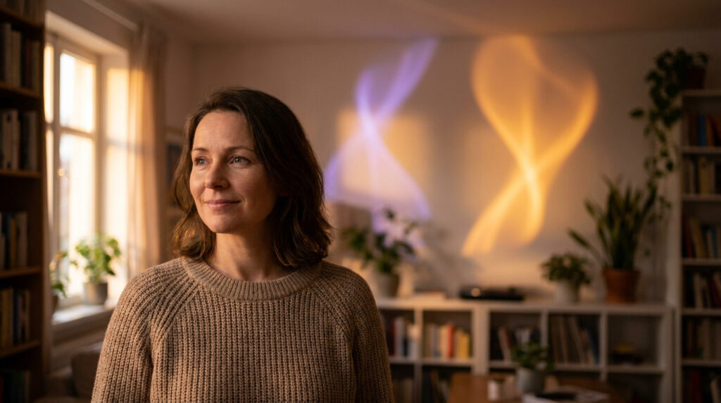 Une femme pensive regarde par la fenêtre dans un salon avec des projections lumineuses symbolisant des hormones.