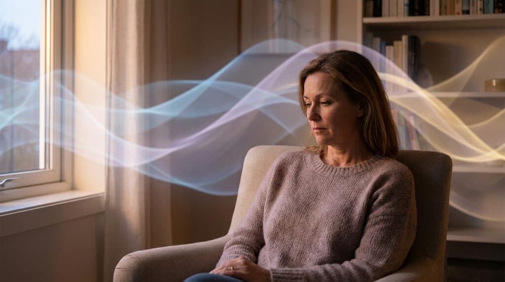 Femme pensive assise dans un fauteuil, entourée de vagues lumineuses abstraites symbolisant les fluctuations hormonales.