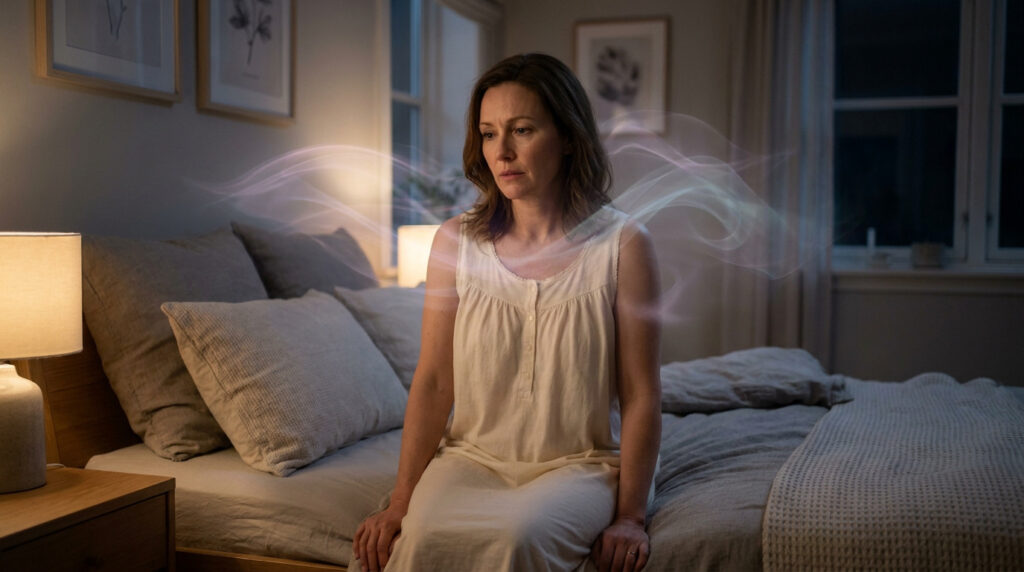 Femme réveillée la nuit pendant la périménopause