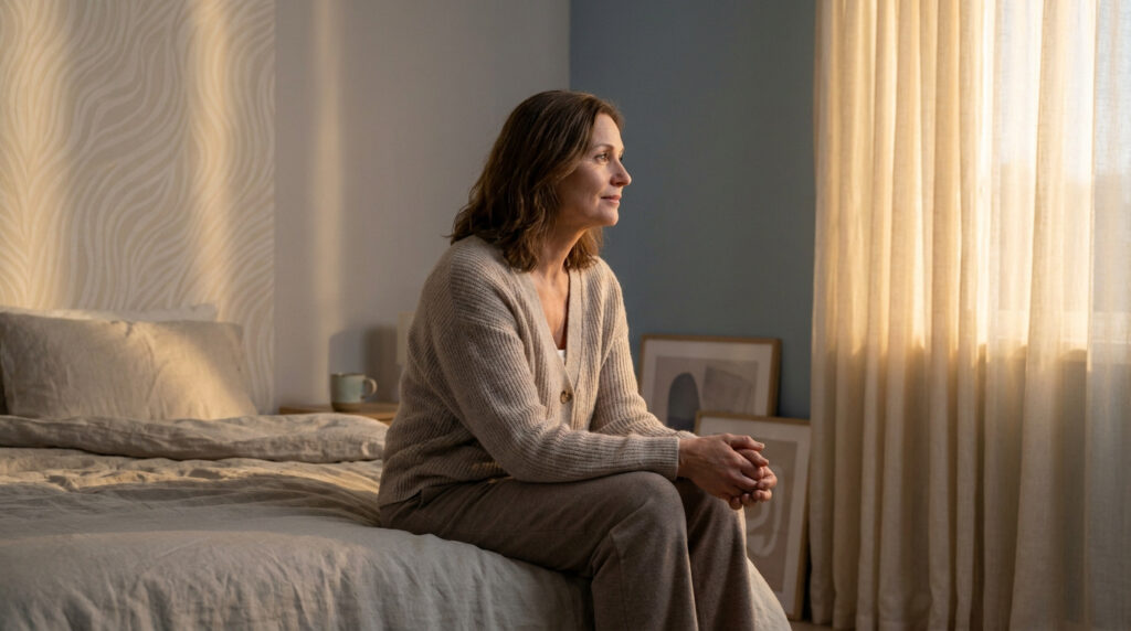 Une femme d'âge mûr assise sur son lit, l'air pensif, dans une chambre baignée par la lumière du soleil.