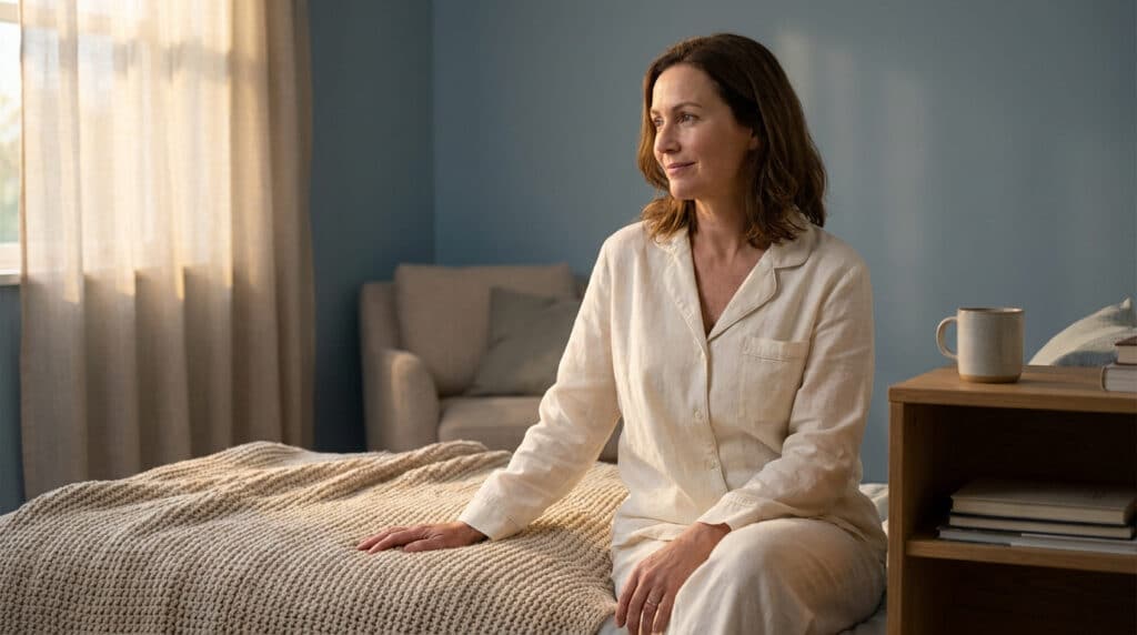 Une femme en pyjama assise sur son lit, regardant par la fenêtre dans une chambre apaisante au lever du soleil.