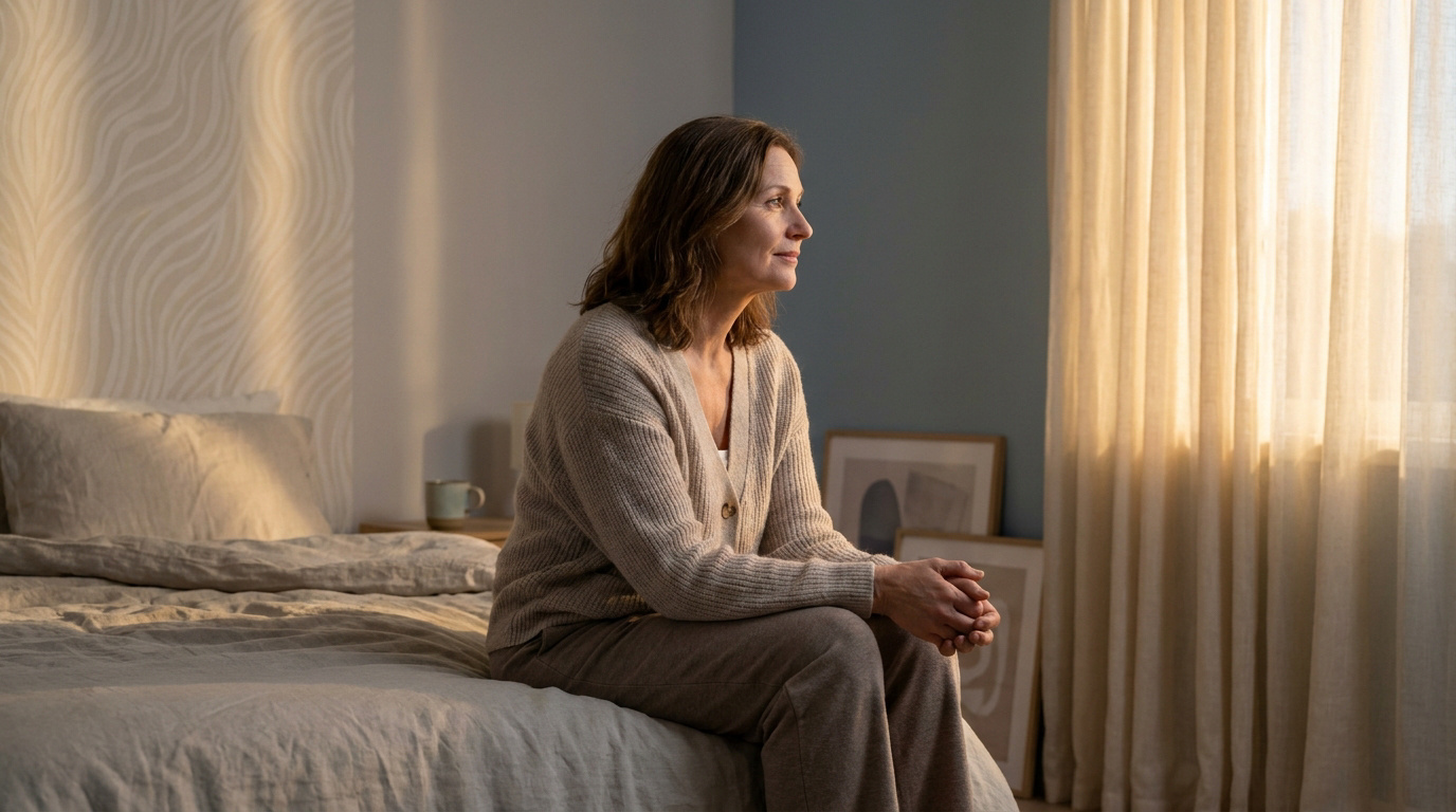 Une femme d'âge mûr assise sur son lit, l'air pensif, dans une chambre baignée par la lumière du soleil.