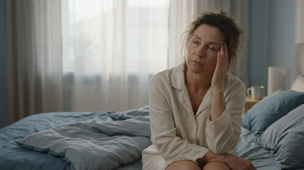Femme d'une quarantaine d'années, sujette aux apnées du sommeil, assise sur son lit, l'air fatigué et préoccupé, le matin au réveil.