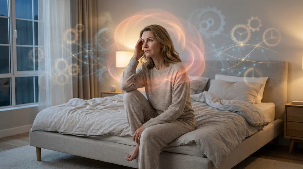 Une femme assise sur son lit, l'air préoccupé, entourée d'effets visuels de rouages et d'horloges représentant le temps.