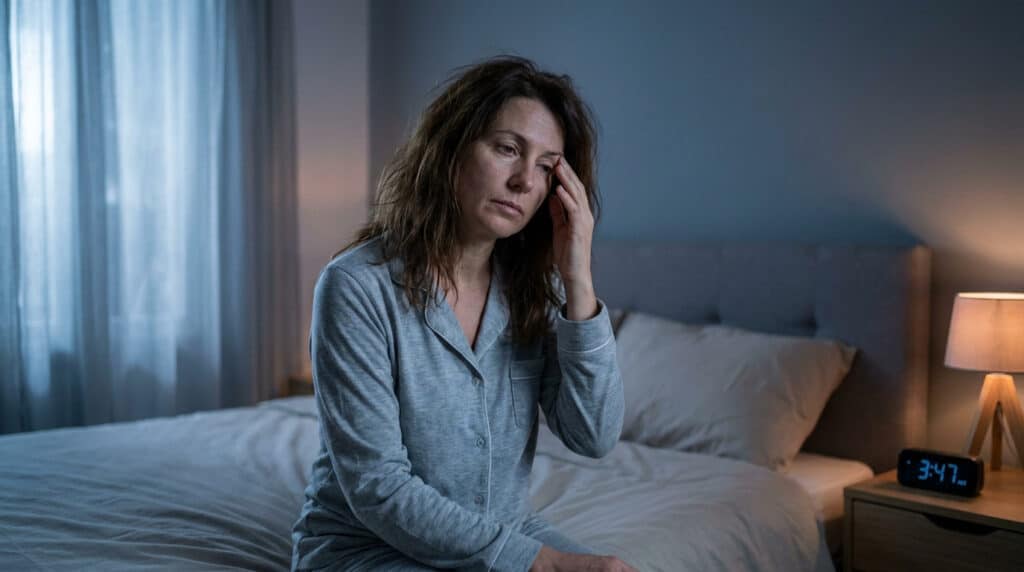 Une femme épuisée assise sur son lit au milieu de la nuit, la main sur le front, avec une horloge indiquant 3h47, éveillée dans son lit pendant la nuit, se demandant si ses réveils nocturnes nécessitent une consultation médicale.