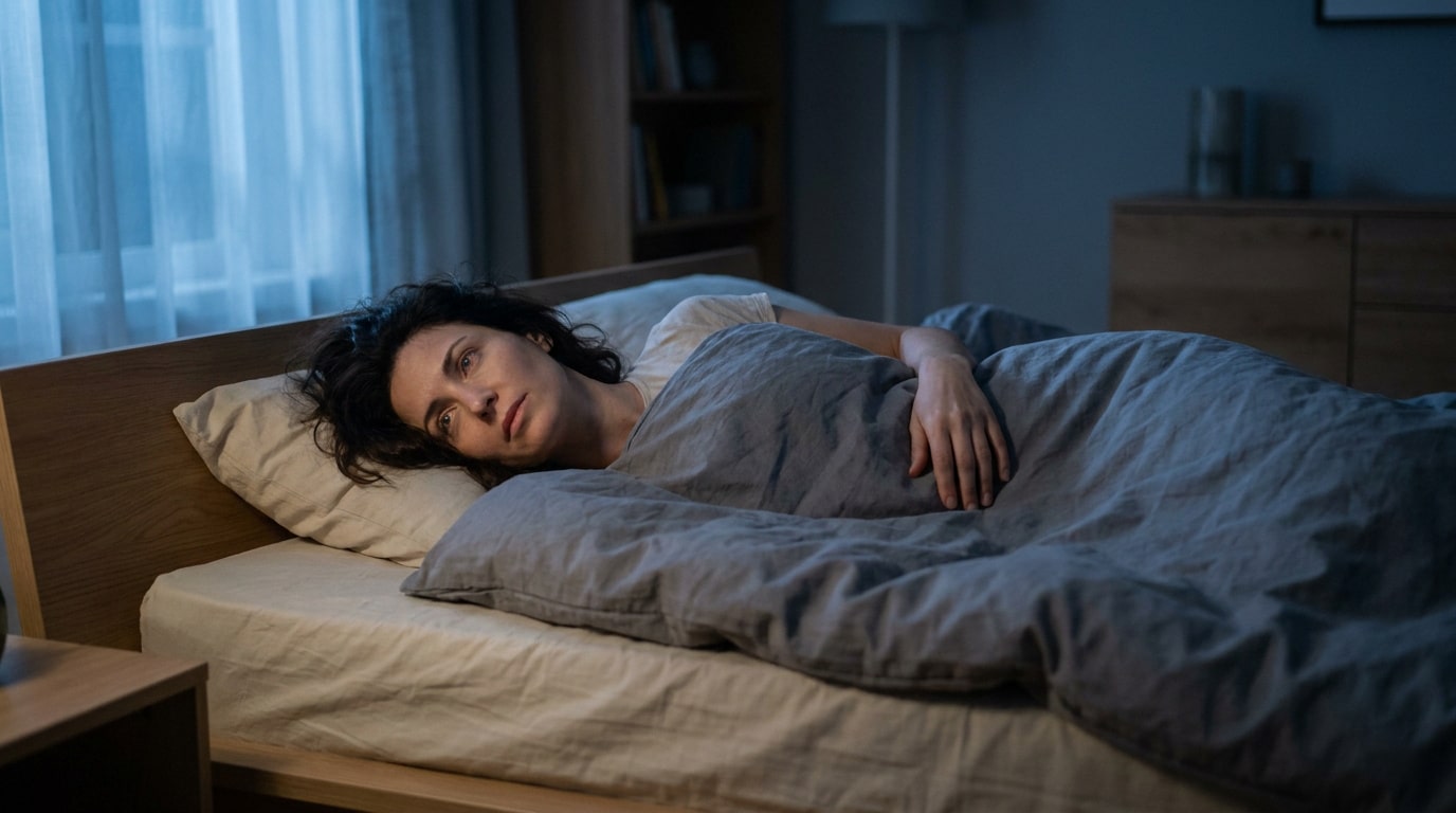 Femme éveillée dans son lit au milieu de la nuit, l'air songeur et fatigué dans une chambre sombre.