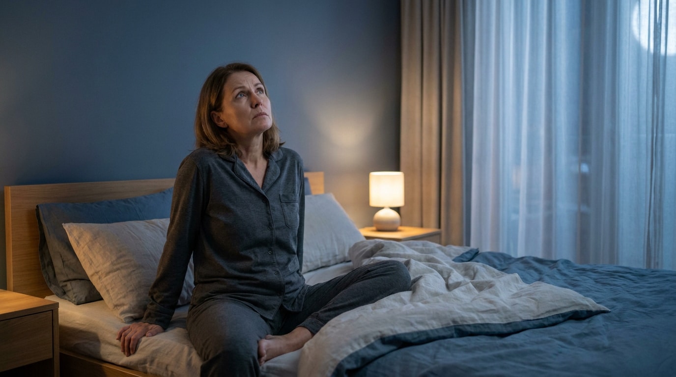 Une femme d'âge mûr assise dans son lit au milieu de la nuit, l'air éveillée et préoccupée par ses troubles du sommeil.