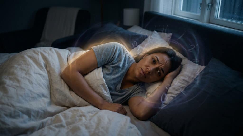 Une femme éveillée dans son lit, l'air préoccupé, avec une aura lumineuse représentant le temps autour de sa tête, cherchant à comprendre l'origine de ses réveils nocturnes.