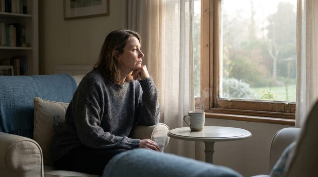 Une femme pensive assise dans un fauteuil devant une fenêtre, exprimant la fatigue de la périménopause.