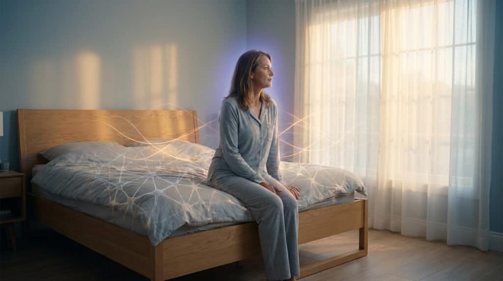Une femme assise sur son lit, entourée de flux lumineux évoquant des connexions nerveuses et le cycle du sommeil.