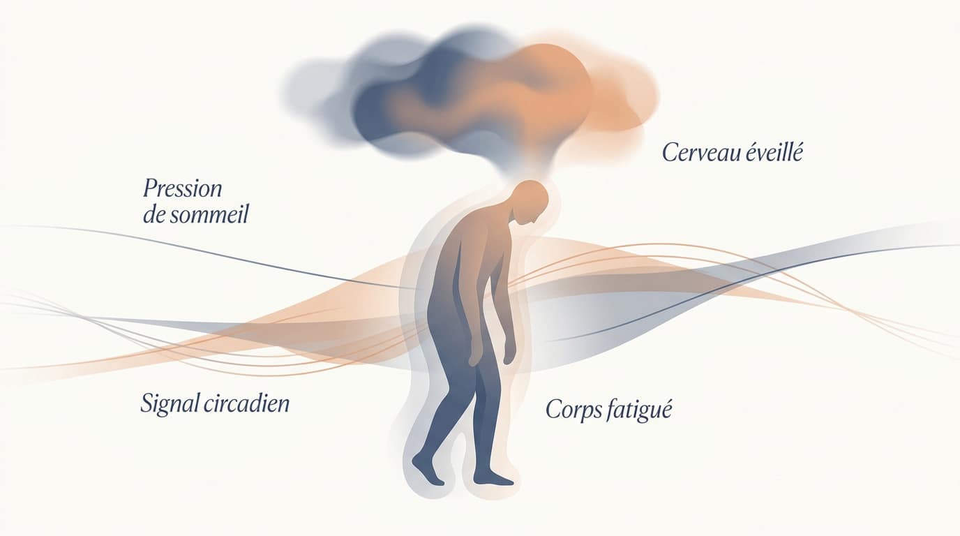 Femme fatiguée assise sur son lit illustrant le décalage entre fatigue physique et éveil cérébral