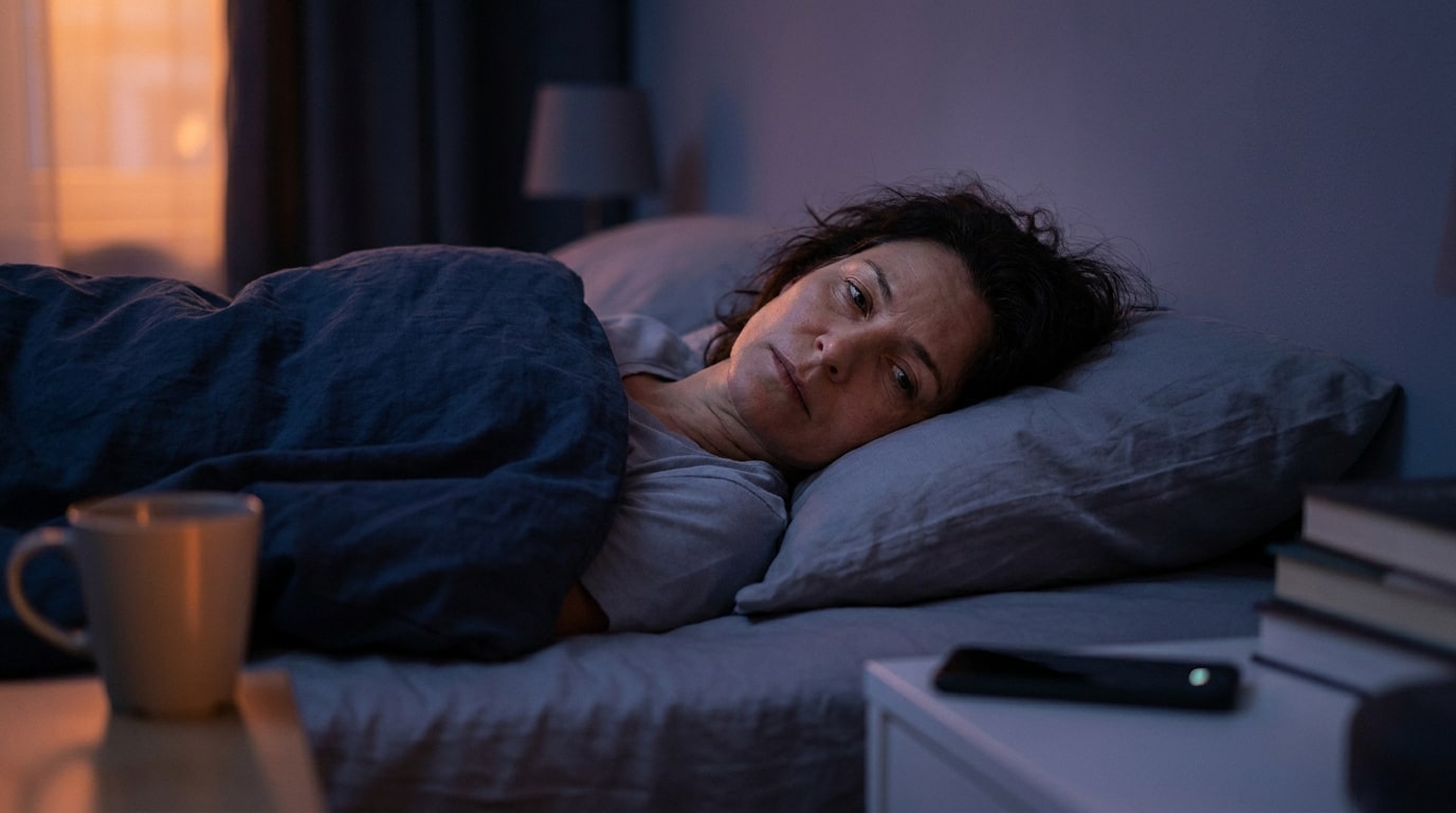 Femme d'âge mûr éveillée dans son lit, l'air fatiguée, dans une chambre sombre la nuit.