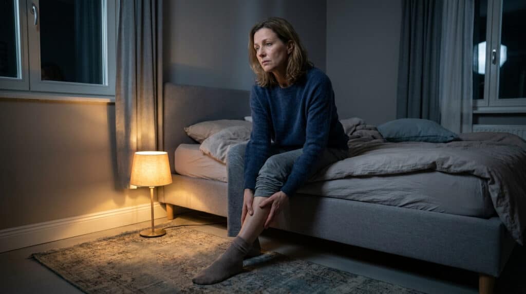 Une femme assise au bord de son lit dans une chambre sombre, se massant la jambe avec une expression fatiguée.