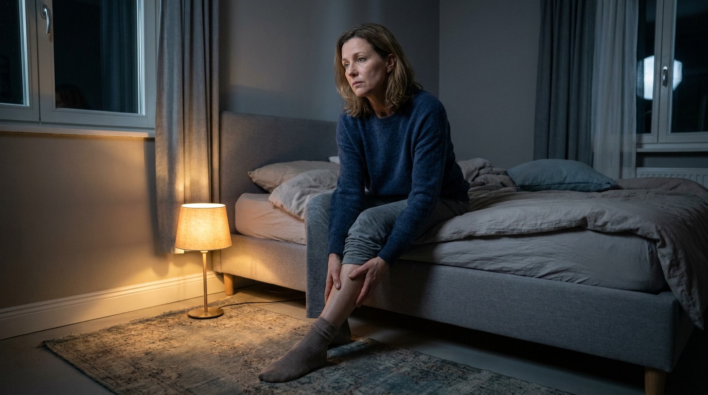 Une femme assise au bord de son lit dans une chambre sombre, se massant la jambe avec une expression fatiguée.