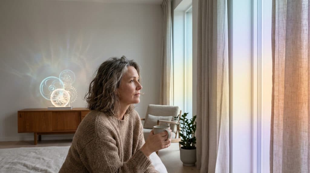 Une femme mûre tenant une tasse de café regarde par la fenêtre, avec une lampe en forme d'engrenages à côté d'elle.